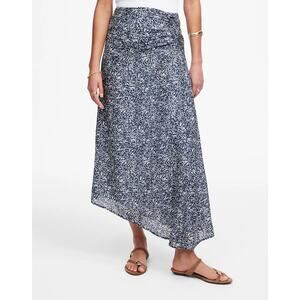 Madewell Women's Ruched Asymmetric Printed Midi Skirt Night Indigo Blue 4 New